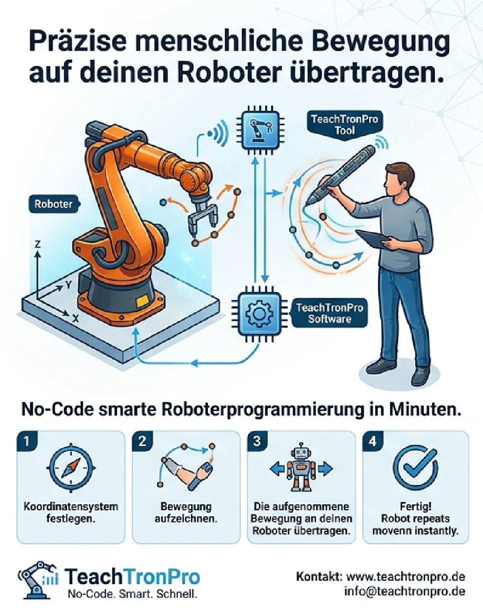 TeachTronPro Flyer: Übersicht über das Robot Teaching Tool, Ablauf in vier Schritten und Kontaktangaben